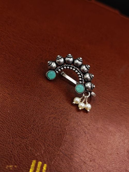 Vintage Oxidized Silver Plated Marathi Nath Press Nosepin - Traditional Maharashtrian Jewelry