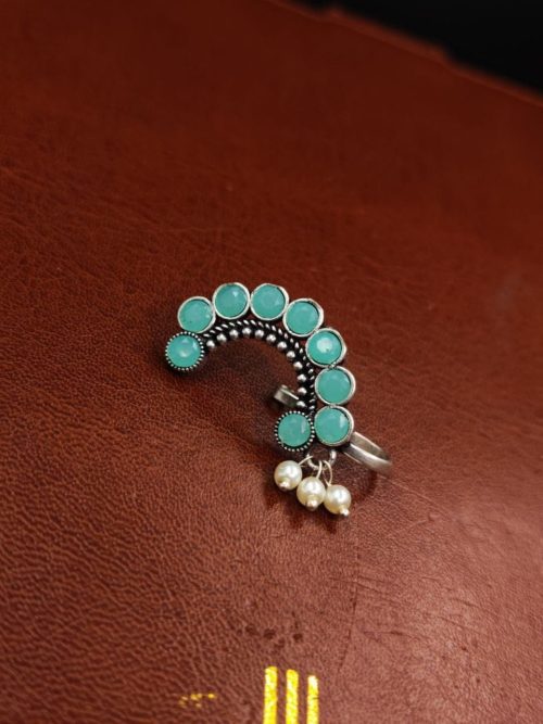 Exquisite Stone Work Oxidised Silver Plated Marathi Nath Press Nosepin - Traditional Maharashtrian Jewelry