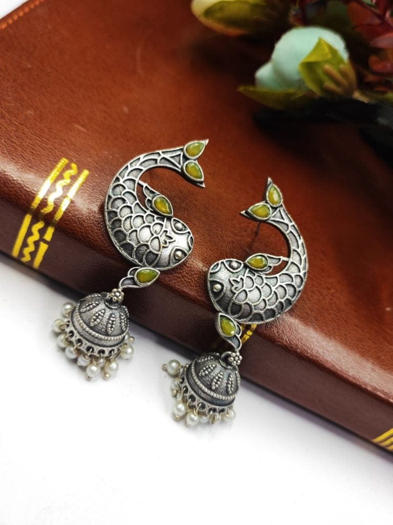 Adorable Silver Look Like Fish Jhumka Earring with Stone Work