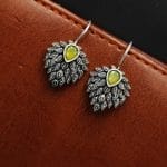 Daily Wear Hook Earrings Oxidised Stone Unique Feather Style - "Yellow"