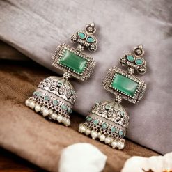 Silver Replica Oxidised Jambo Jhumka With Monalisa Stones