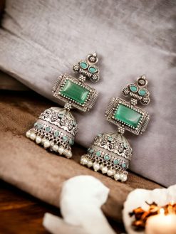 Silver Replica Oxidised Jambo Jhumka With Monalisa Stones