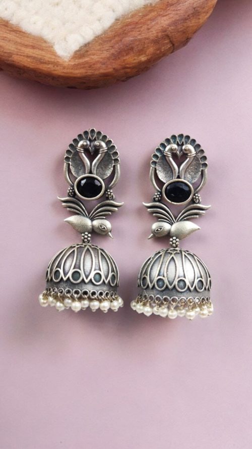 Fashion-forward Oxidised Silver Look Like Replica Bird Jhumka Earrings