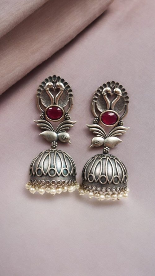 Fashion-forward Oxidised Silver Look Like Replica Bird Jhumka Earrings