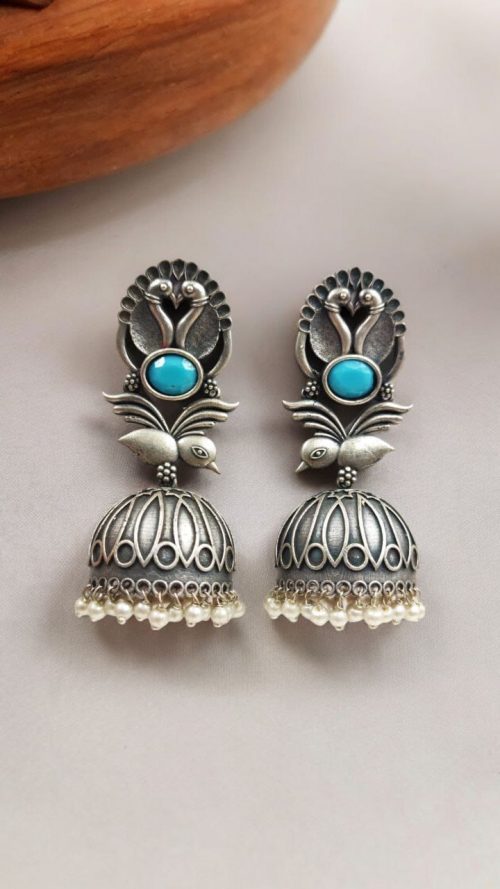 Fashion-forward Oxidised Silver Look Like Replica Bird Jhumka Earrings