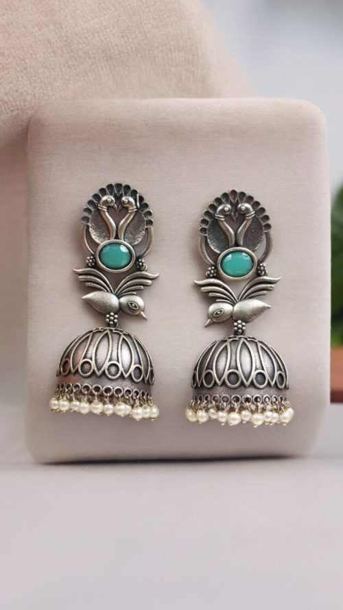 Fashion-forward Oxidised Silver Look Like Replica Bird Jhumka Earrings