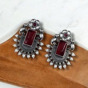 Unique Silver Replica Oxidised Elephant Design Monalisa Stone Earrings