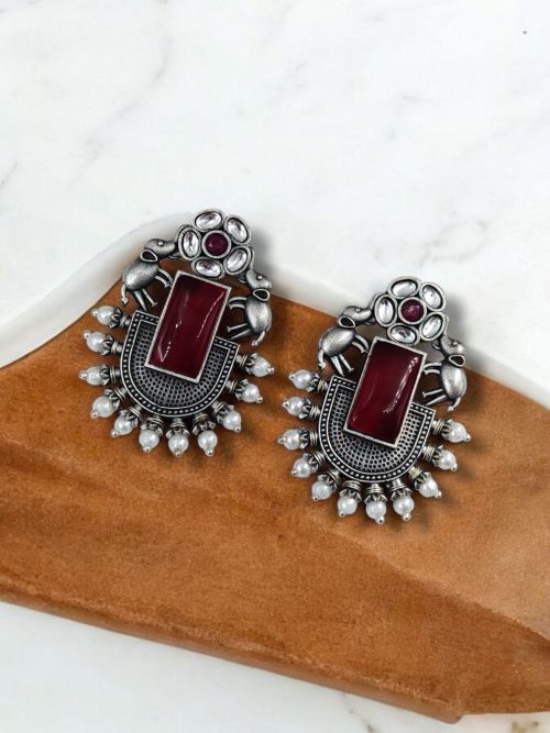 Unique Silver Replica Oxidised Elephant Design Monalisa Stone Earrings