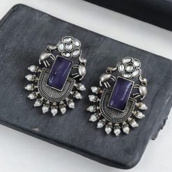 Unique Silver Replica Oxidised Elephant Design Monalisa Stone Earrings