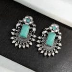 Silver Replica Elephant Studs | Affordable Oxidised Monalisa Stone Earrings - "Mint"
