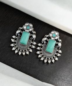 Unique Silver Replica Oxidised Elephant Design Monalisa Stone Earrings
