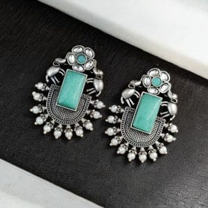 Unique Silver Replica Oxidised Elephant Design Monalisa Stone Earrings