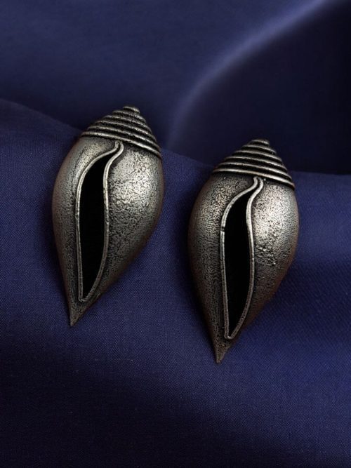 Silver Replica Shankh Stud Oxidised Earrings - Best Daily Wear Jewellery