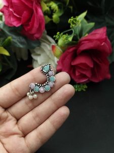Traditional Oxidised Silver Plated Marathi Nath Press Nosepin - Color: "Baby Pink-Mint"