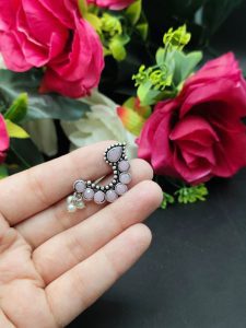 Traditional Oxidised Silver Plated Marathi Nath Press Nosepin - Color: "Baby Pink"