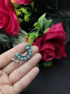 Traditional Oxidised Silver Plated Marathi Nath Press Nosepin - Color: "Mint"