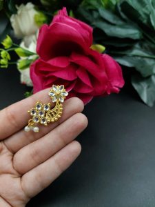 Gold Plated Marathi Style Stone Nosepin For Girls - Color: "White"