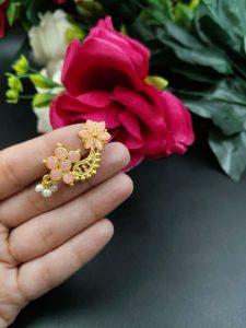 Gold Plated Marathi Style Stone Nosepin For Girls - Color: "Baby Pink"