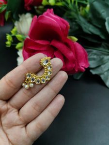 Marathi Style Golden Polish Nosepin For Girls - Color: "White"