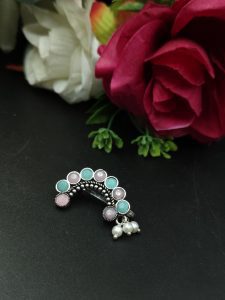 Attractive Oxidised Marathi Nosepin - Maharashtrian Nath - Color: "Baby Pink-Mint"