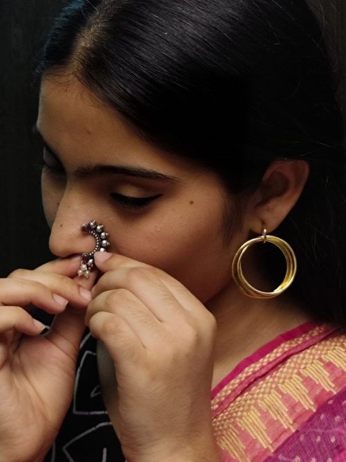 Vintage Oxidized Silver Plated Marathi Nath Press Nosepin - Traditional Maharashtrian Jewelry
