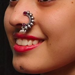 Vintage Oxidized Silver Plated Marathi Nath Press Nosepin - Traditional Maharashtrian Jewelry
