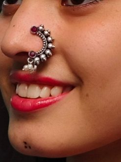 Vintage Oxidized Silver Plated Marathi Nath Press Nosepin - Traditional Maharashtrian Jewelry