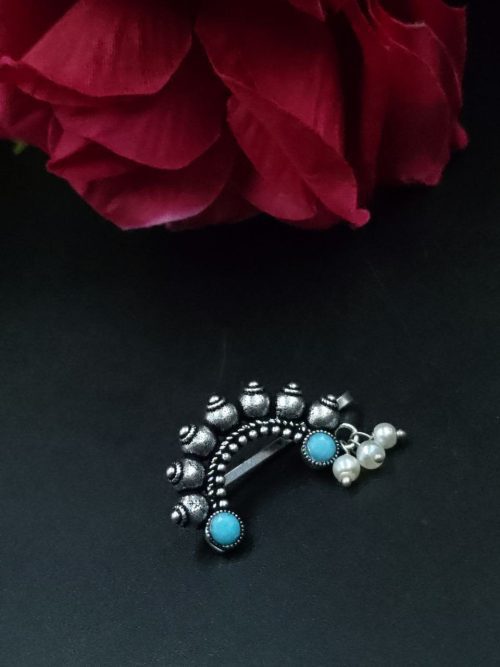 Vintage Oxidized Silver Plated Marathi Nath Press Nosepin - Traditional Maharashtrian Jewelry