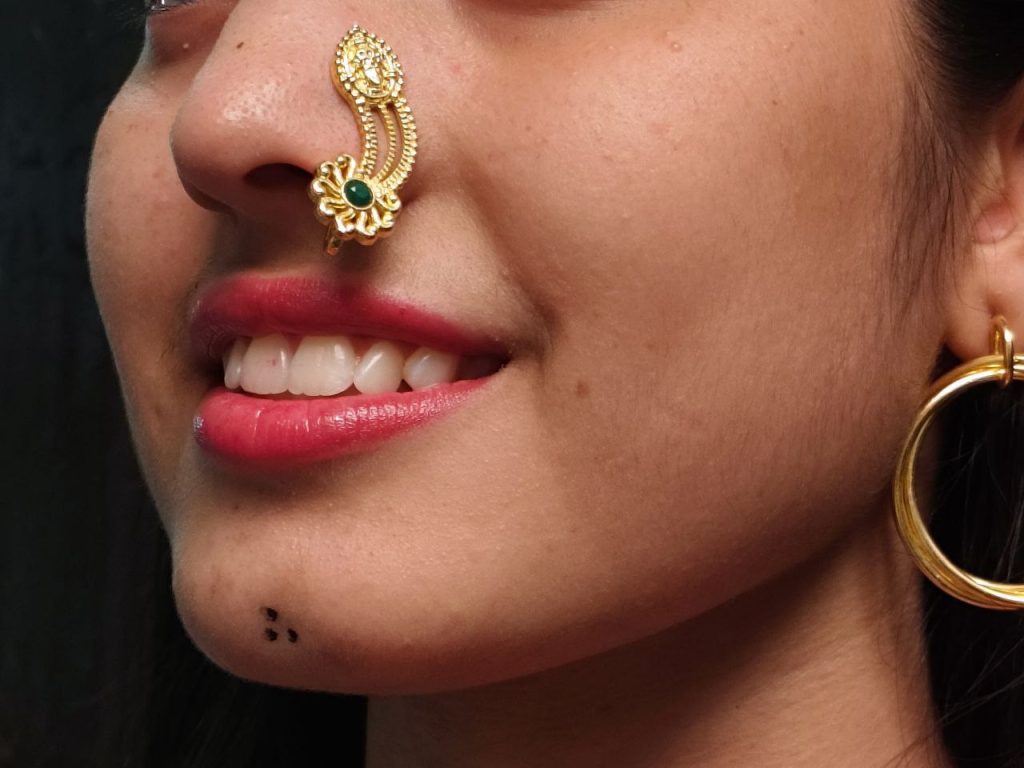 Marathi Style Navratri Special Golden Durga Nosepin For Girls