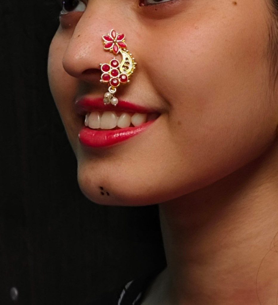 Gold Plated Marathi Style Stone Nosepin For Girls