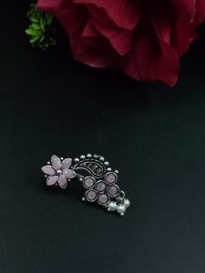 Adorable Oxidised Silver Plated Marathi Nath Press Nosepin - color: "Baby Pink"