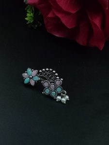 Adorable Oxidised Silver Plated Marathi Nath Press Nosepin - color: "Baby Pink-Mint"