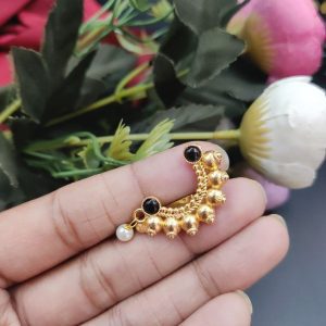 Marathi Style Stone Work Golden Nosepin For Girls - Color: "Black"