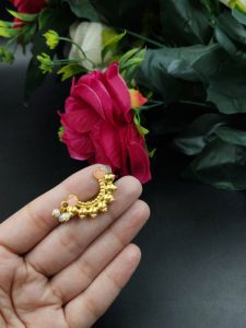 Marathi Style Stone Work Golden Nosepin For Girls - Color: "Baby Pink"