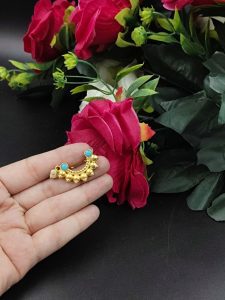 Marathi Style Stone Work Golden Nosepin For Girls - Color: " Aqua "