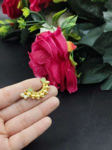 Marathi Style Stone Work Golden Nosepin For Girls - Color: " Mint "