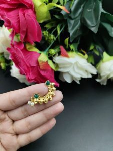 Marathi Style Stone Work Golden Nosepin For Girls - Color: "Green "