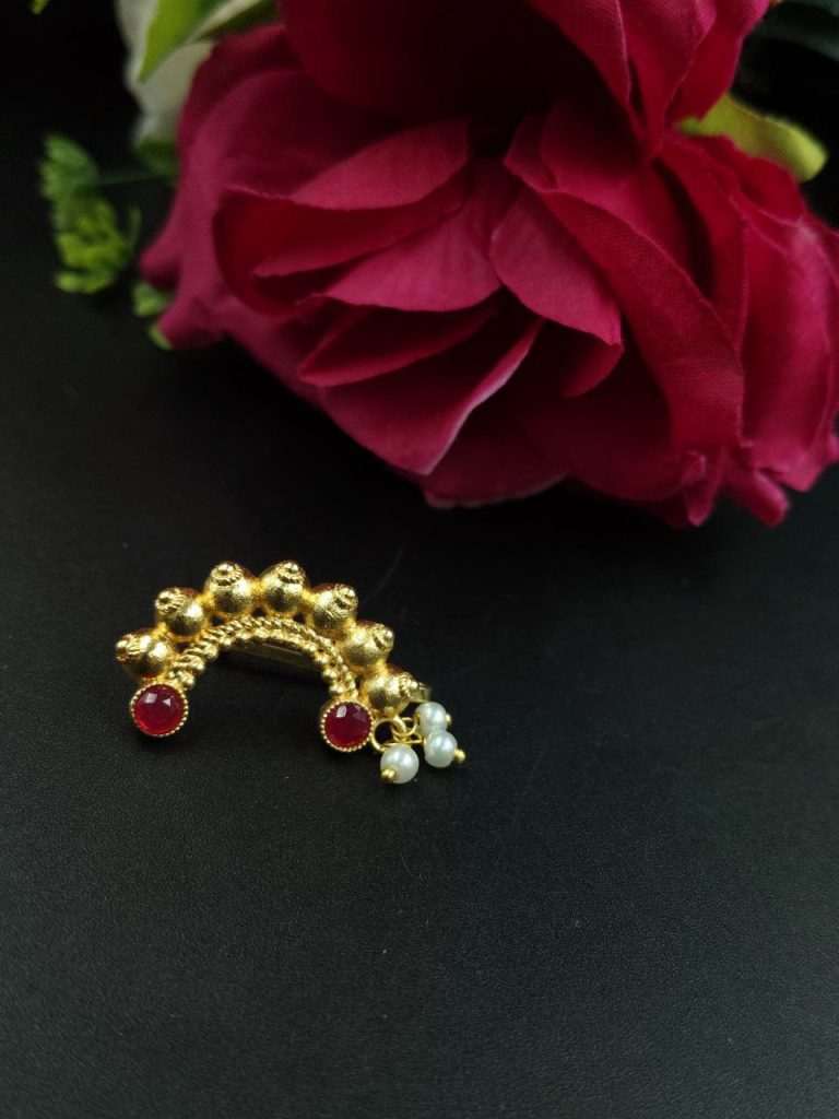 Marathi Style Stone Work Golden Nosepin For Girls