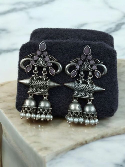 Double jhumka oxidised silver plated earrings for girls