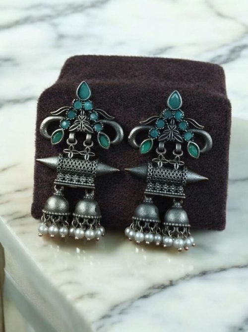Double jhumka oxidised silver plated earrings for girls