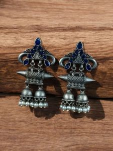 Double jhumka Oxidised Earrings | Silver Plated Jewelry For Girls - Color: "Blue"