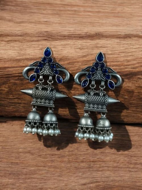 Double jhumka oxidised silver plated earrings for girls
