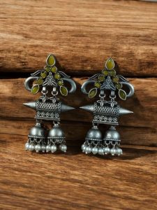 Double jhumka Oxidised Earrings | Silver Plated Jewelry For Girls - Color: "Yellow"