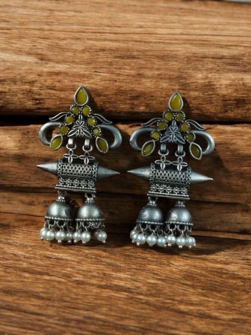 Double jhumka oxidised silver plated earrings for girls