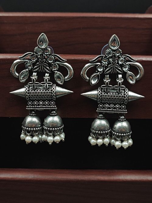 Double jhumka oxidised silver plated earrings for girls