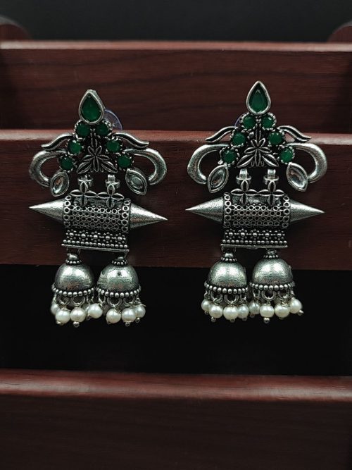 Double jhumka oxidised silver plated earrings for girls