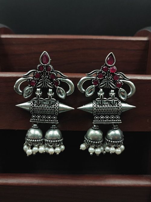 Double jhumka oxidised silver plated earrings for girls