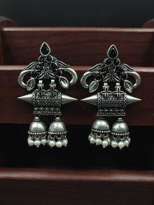 Double jhumka Oxidised Earrings | Silver Plated Jewelry For Girls - Color: "Black"