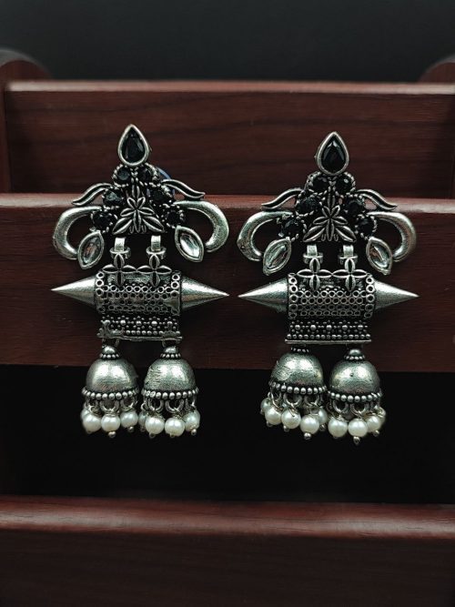 Double jhumka oxidised silver plated earrings for girls