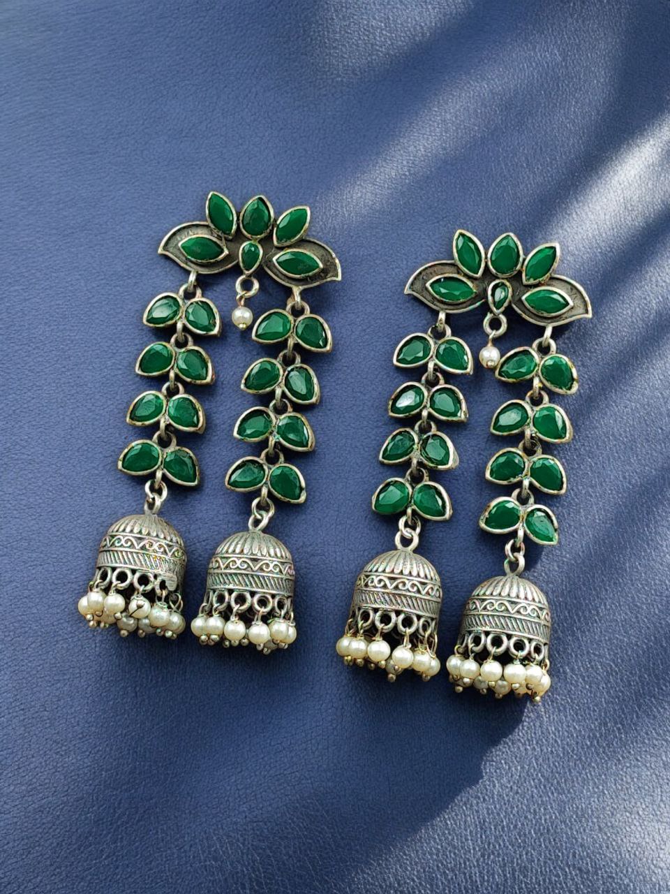 Designer Double Layer Jhumka Oxidised Leaf Earrings 11 Designer Double Layer Jhumka Oxidised Leaf Earrings - Image 11